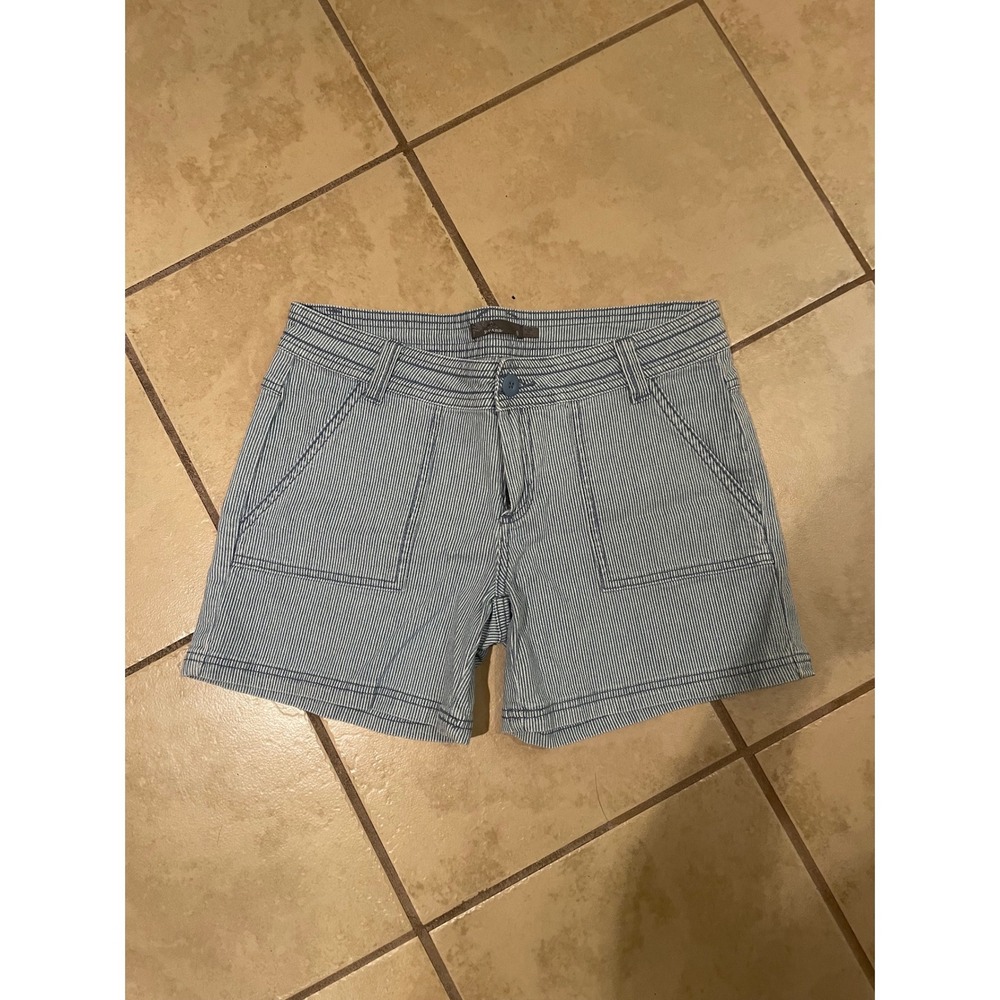Prana Kara Shorts Blue White Ticking Stripe Stretch Denim Hiking Outdoor Size 8 - Picture 2 of 4